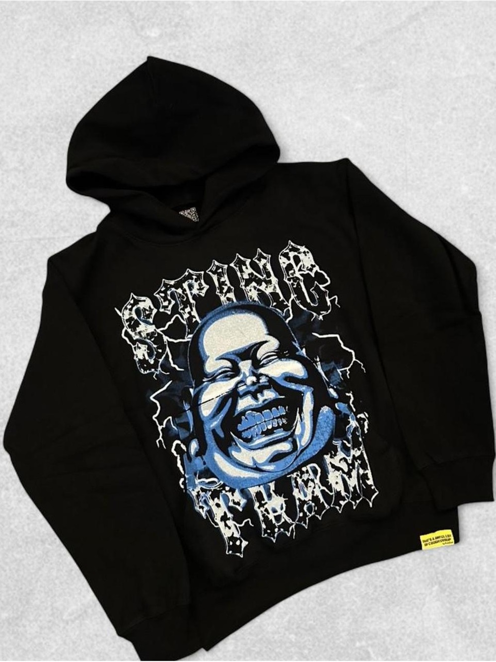 Black Graphic Hoodie with Blue Skull Design